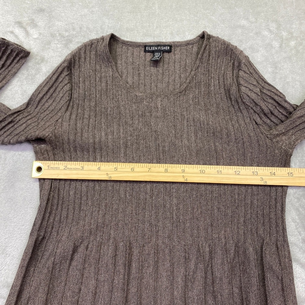 Eileen Fisher Wool Ribbed Knit Midi Dress Brown Long Sleeve XXS Pleated Festive - Picture 3 of 10